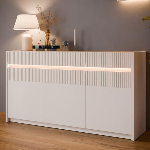 Forte Oak SQUERE Sideboard 160, Elegantes Sideboard mit 3 Türen, Beleuchtung und Lamellendesign, Holzwerkstoff, Mauvella Eiche Dekor/Sand, 160 cm breit x 85,9 cm hoch x 41,5 cm tief