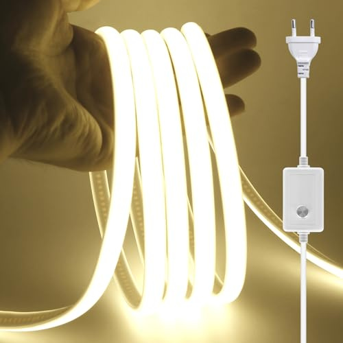 XUNATA Dimmable Ruban LED COB, 220V 288 LEDs/m Flexible Led Bande Neon Bandeau, Étanche IP65 LED Bande Lumineuse pour Escalier, Chambre, Noël, Fête, etc (Blanc naturel,4M)