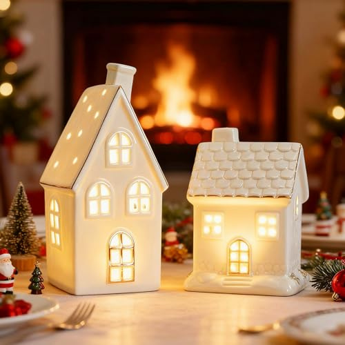 Xevinas Weihnachtsdeko LED Weihnachtshaus, Porzellan Häuser Weiß Mit Goldenen Kanten, Lichterhaus Keramik Weihnachtsdorf Mit Beleuchtung Batteriebetrieben, Diy Winter Deko Adventsdeko Innen (B+C)