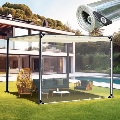 Cortinas De Lona Transparente,Paneles Laterales De Lona Alquitranada Impermeable Pérgolas,Cortinas De Exterior Con Puerta Cremallera,Lona De Plástico Pvc De 0,3mm Con Ojales,NoZip-2.6×3m(8.5*9.8ft)