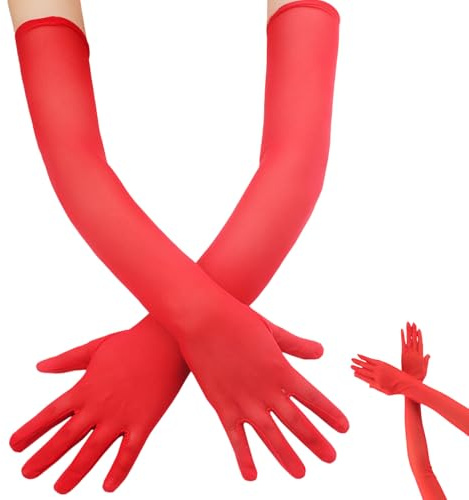 MALOUSUN Lange Handschuhe Damen,Elegant Tüll Handschuhe aus Nylon,Hautfarbe Schwarz Handschuhen Kostüm,Stilvolle Long Armstulpen Gloves,für Hochzeiten,Abend Party,Opernaufführungen,Halloween (Rot, M)