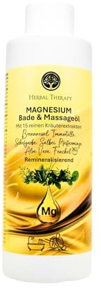 Herbal Therapy MAGNESIUM Olio da bagno e massaggio con 15 estratti di erbe pure, olio per il corpo rilassante e rivitalizzante con aloe vera, olivello spinoso, salvia e rosmarino, per bagno e