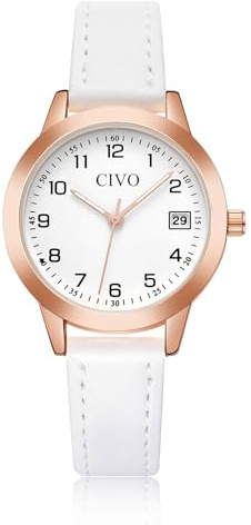 CIVO Orologio Donna Pelle Bianco: Piccolo Orologi da Polso Analogico Impermeabile con Numeri Arabi - Elegante Regalo per Donna