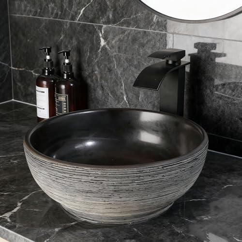 Zoyueyu 14 Inch Black Round Bathroom Vessel Sink with Waterfall Faucet and Pop-Up Drain Combo,Ceramic Vessel Sink Above Counter Round Bathroom Sink Bowl,Small Sink for Bathroom