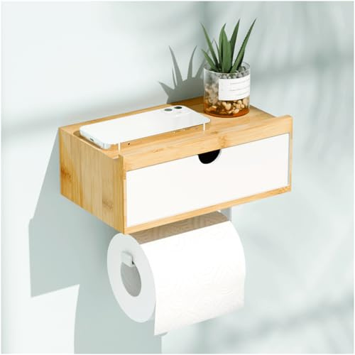 Fleymu Klopapierhalter Ohne Bohren, Toilettenpapierhalter Bambus 2-in-1 mit Ablage und Feuchttücherbox, Selbstklebend Toilettenrollenhalter für Küche und Badzimmer