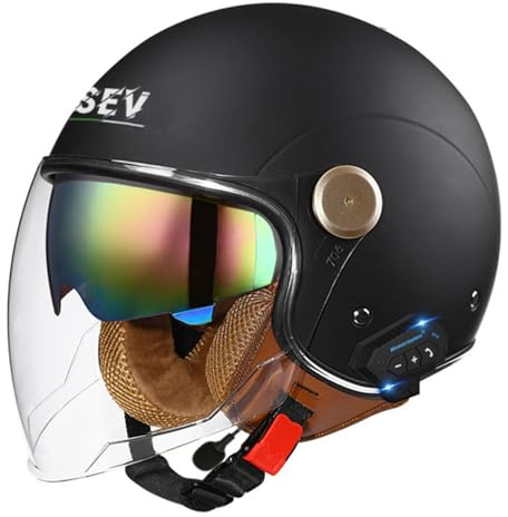 Bluetooth 3/4 Motorrad Jethelm Retro Offenem Motorradhelm Roller Halbhelme Mit Doppelvisier ECEDOT Zulassung Eingebaute Kopfhörer Und Mikrofon Scooter Halbschalenhelm