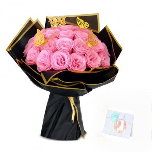 26 Stück Glitzer Rosenstrauß DIY Künstliche Rose Rosa Glitzer Blumensträuße | Kunstblumen mit Krone Postkarte, Glitzer Rosen Bouquet, Blumenstrauß für Geschenke Hochzeitstag Geburtstag Muttertag