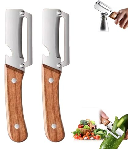 2PCS Multi-Functional Vegetable Peeler for Kitchen, 2 in 1 Stainless Steel Fruit and Vegetable Peeler with Wooden Handle and Bottle Opener, Multifunctional Kitchen Tool for Fruit, Vegetable