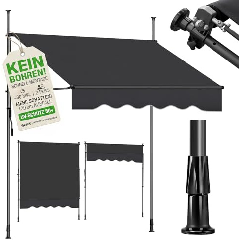 Sekey Klemmmarkise 350 cm breit, Markise Balkon ohne Bohren mit Handkurbel, 130 cm Ausfall, 0-90° neigbar, UV-beständiger Sonnenschutz & wasserdicht (280g/m²), für Balkon, Terrasse & Garten, Anthrazit