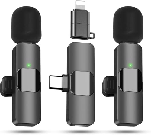 KUKIHO Microfono Lavalier senza fili per iPhone/iPad/Android (2 trasmettitori) - Mini microfono a clip con riduzione del rumore - Microfono | Riduzione del Rumore, Plug-and-Play, Micro Clip, Per Video Records, Podcast, Youtube, TikTok, Vlog