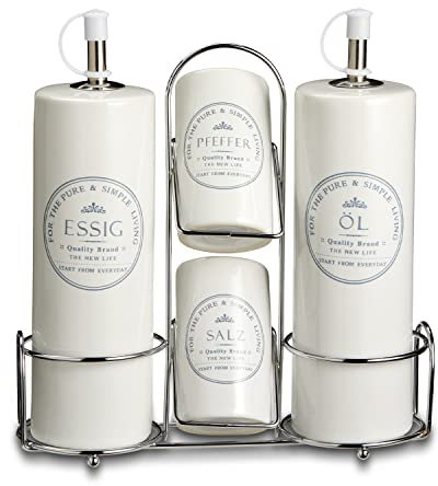 KHG Menage Set, Öl- & Essig-Spender Salz- & Pfefferstreuer, Öl Essig Dosierer, Salz & Pfeffer Streuer, Weiß Keramik Steingut gänzend glasiert, Edelstahl-Halterung, Landhaus Vintage Stil, beschriftet