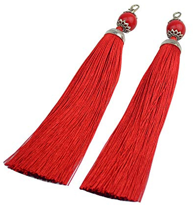Makhry 10 Stücks 6,3 Zoll Handgemachte Seidige Floss Karabinerverschluss Quaste Schlüsselanhänger Perlen Lesezeichen Quaste Anhänger für DIY Handwerk Schmuck Frauen Ohrring (Rot, Lange) | 16cm Handgemachte Quasten mit Perlen für Lesezeichen,DIY Schmuck,Ohrringe,Armbänder und Bastelzubehör für Frauen