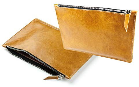 DELMON VARONE - Personalisierbare Banktasche mit Reißverschluss DIN A5 aus Anilin Vintage Leder Braun, Premium Geldtasche für Geldscheine, Münzen und Dokumente, Echtleder Geldscheintasche edel
