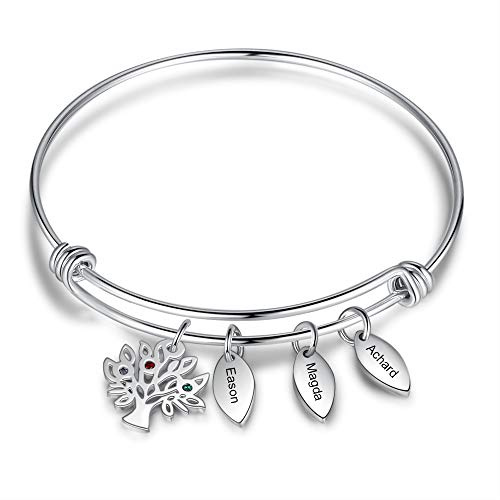 Jessemade Bracelets personnalisables Bracelets de famille en acier inoxydable Bracelet de nom réglable à graver avec pierres de naissance simulées et pendentif arbre de vie