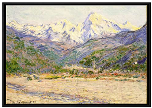 Pixxprint Claude Monet - Das Tal der Nervia Leinwandbild 100x70 cm im Bilderahmen, Wandbild, Schattenfugenrahmen, Kein Poster