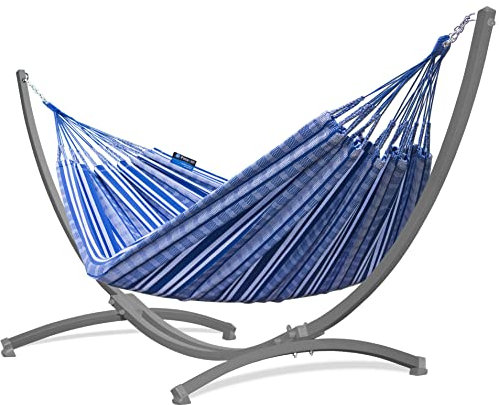 Potenza Outdoor Hängematte mit Gestell für 2 Personen I Pereira - 100% Baumwolle Doppelhängematte 220x140 cm, 160kg I Hängemattengestell 220kg, wetterfest (Baltica, Gestell Grau)
