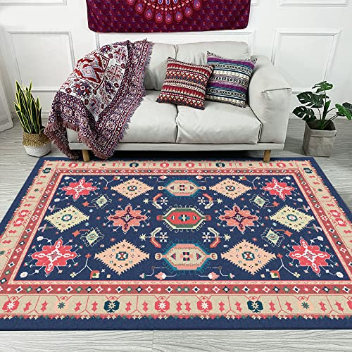 Rururug Designer Teppich Kurzflor Moderner Orientteppich Klassisch Gemustert Ornamente für Wohnzimmer Schlafzimmer Kinderzimmer,blau-rote geometrische Grenze 200 x 200 cm