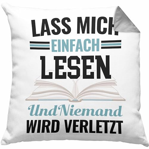 Leseratte Kissen mit Füllung 40x40 Geschenk Lesender Panda Grafik Lesen Geschenkidee Kinder Bücherwurm Lass Mich Einfach Lesen Und Niemand Wird Verletzt (Grau)