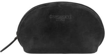 HOLZRICHTER Berlin - Kosmetiktasche aus Leder für Damen & Herren (No-1-1), Schminktasche 11x22,5x4cm, Echtleder Makeup Tasche, Schwarz-Anthrazit