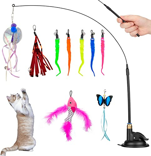 10 Stück Interaktives Katzenspielzeug Feder, Federn Katzenspielzeug Selbstbeschäftigung, Katzenangel mit Saugnapf Federn und Glöckchen,Katzen Glocken Zauberstab, Austauschbares Federkatzen-Spielset