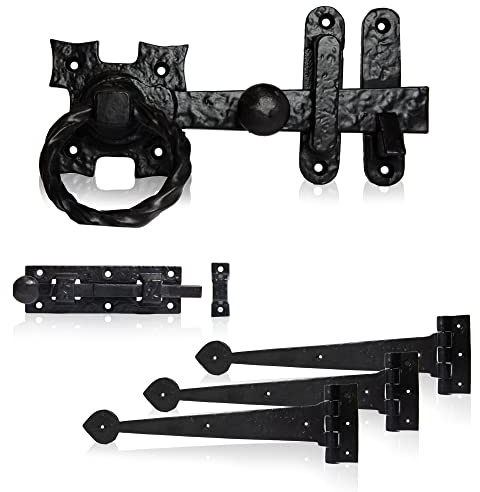 XFORT Smithy's Range Rope Ring Gate Latch Pack, Black Antique Finish Ring Gate Latch, Hinges And Straight Bolt. Corrosion Resistan, Ideal For External Use As A Garden Gate Latch, Shed & Barn Door Lock