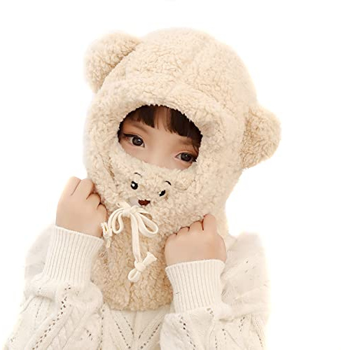 Kinder Winter Warm Mütze für Jungen Mädchen 2-7 Jahre, Baby Kinder Winter Plüsch Tiere Bär Fellmütze Winddichte warme Gesichtsmaske Beanie Kapuze Fleece Mütze Earflap Hut Schlupfmütze Schalmütze,Khaki