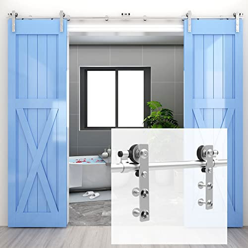 WOLFBIRD 14FT/426cm Sliding Track Barn Door Hardware Kit Stainless Steel Heavy Duty for Double Wood Door(Flat Head Hanger)