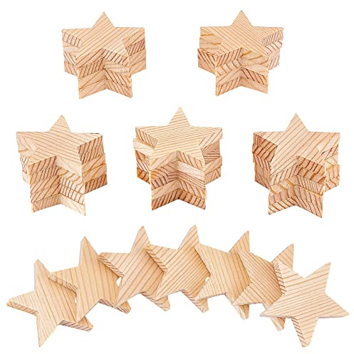 NBEADS 30 Stück Unfertige Stern Holz Stücke, 49 mm Blanko Holzsternscheiben Holz Ausschnitte Ornamente Naturholz Verzierungen Zum Zeichnen Kunsthandwerk Weihnachts Hochzeitsdekoration, 7.5 mm Dick