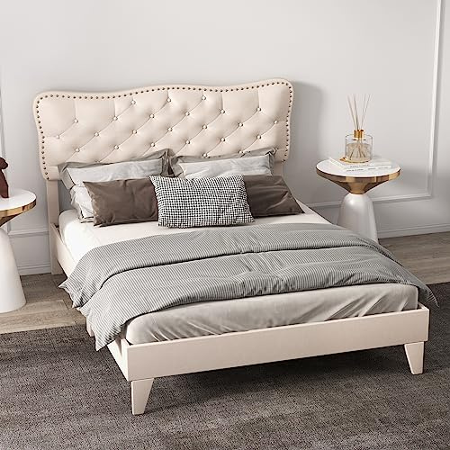 RELAX4LIFE 4FT6/5FT King Size Bed Frame with Headboard, Slatted Storage Bed Base with Under Storage Space, Linen Upholstered Double Platform Bed for Adults Teenagers, No Box Spring Needed (4FT6)