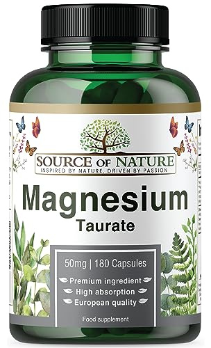 Source of Nature® | Magnesium Taurat 625mg | 180 Kapseln | 45-Tage-Vorrat | 50mg elementar | Hohe Qualität | Hohe Bioverfügbarkeit | Magenschonend | Laborgeprüft