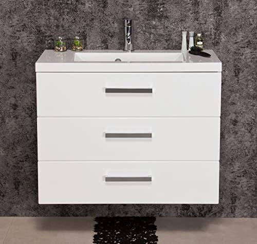 Quentis Badmöbel Genua, Breite 80 cm, Waschplatzset 2-teilig - Waschbecken mit Waschbeckenunterbau (montiert) (weiß glänzend, 3 Schubladen)