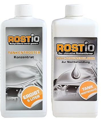 Rostio Tankentroster Set 500ml + 500ml Tank-Schutzemulsion – Entroster-Konzentrat 1:10 verdünnbar – für Tanks bis 5L – entfernt Rost vollständig – Schutzfilm gegen Flugrost – Tankpflege & Sanierung