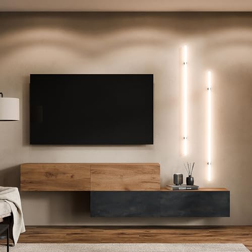 Planetmöbel TV Schrank 320 cm Wohnwand Lowboard Set | Fernseher 75 Zoll, Wohnzimmer Fernsehtisch viel Stauraum, hängend, 2x Fernsehschrank 160 x 30 x 37,5 cm, gold eiche &
