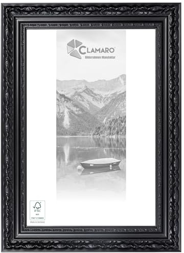 CLAMARO 'OTTO' Bilderrahmen Antik 69x98 Massivholz | Schwarz matt | 80 mm breite Shabby Chic Vintage Barock Leiste | Holzrahmen inkl. Acrylglas, Rückwand, Metall Aufhänger
