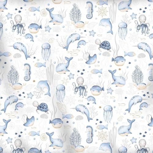 Textrend Baumwollstoff - Stoff zum Nähen - 100% Baumwolle - Textilien 1x1.6m - Stoffe Meterware - Maritimes Thema: Meerestiere (Ozeanblau auf weißem Hintergrund)