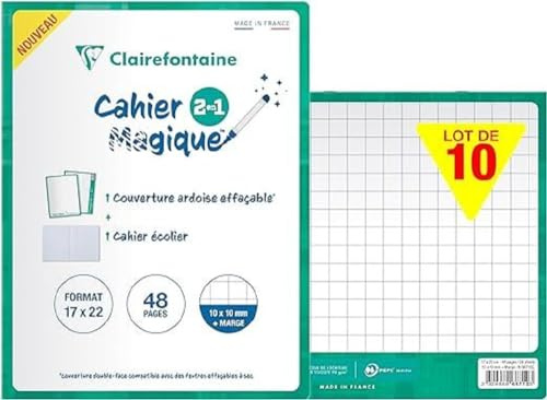 Clairefontaine 66710Cpack - Packung 10 Heft - Schulheft Cahiers magiques, doppelseitiger und abwaschbarer Schiefereinband 17x22 cm, 24 Blatt kariert 10-10 mit Rand, 90g, Smaragdgrün, 1 Pack