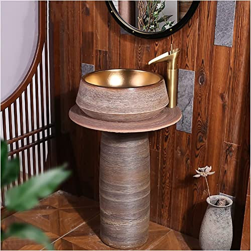 Vanity Unit with Basin,Bathroom Basin Sink with Full Pedestal, Pedestal Sink Handcrafted Ceramic wash Basin Pedestal washbasin, Kaolin Clay Pedestal Sink Round Freestanding Sink fo