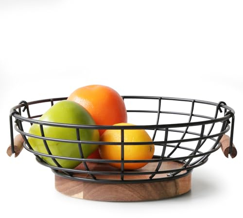WILDMOS Fruit Basket,black Wire Basket with Acacia Wood Base,large Fruit Bowl for Countertop,black Baskets for Fruits, Breads, Vegetables Storage. (10-inch)