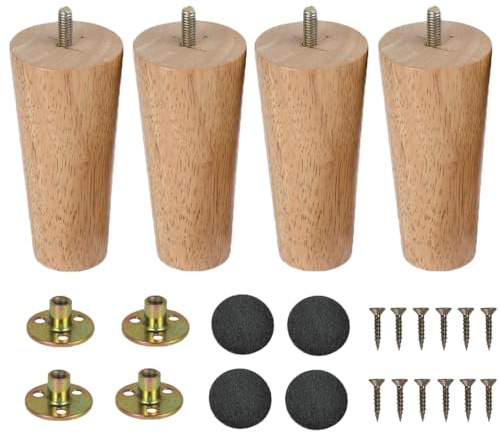 LCOUACEO Piedini Mobili in Legno 4 Pezzi, Gambe per Tavolo e Mobili 12 cm per Cabinet Divano Letto Con Piastra di Montaggio, Pad Antiscivolo e Viti