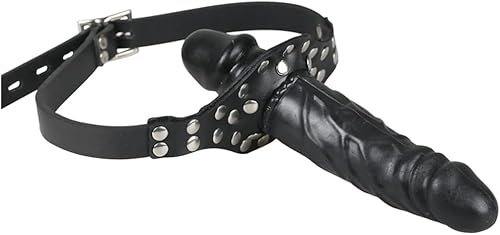 Hyper Realistic Dildo Double Cock Lockable Realistic Penis Gag, Mouth Gag with Adjustable Leather Strap, SM Dildo Gag