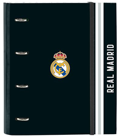 Real Madrid 1ª squadra 24/25 - Cartella 4 anelli da 35 cm con 100 fogli A4, ideale per bambini di diverse età, confortevole e versatile, qualità e resistenza, 27 x 3,5 x 32 cm, colore: bianco/grigio