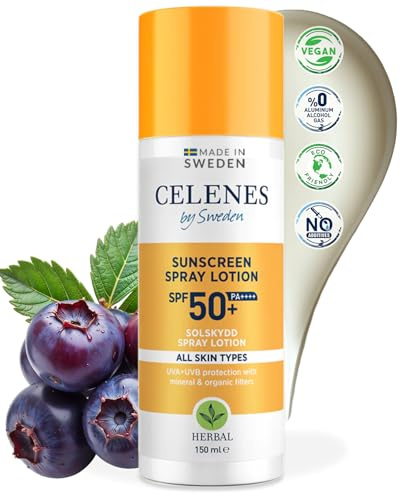Celenes by Sweden Spray Solaire à Base de Plantes SPF50+ | Protection Minérale et Organique&Tous Types de Peau | Spray Solaire 50 | Creme Solaire Spray Résistant à l'Eau, Sans Parabènes&Alcool — 150ml