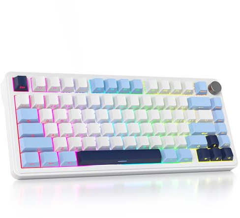 SOLIDEE Teclado Intercambiable en Caliente 75% con Perilla,Bluetooth 5.0/2.4GHz/USB-C Teclado mecánico Gasket,South Facing retroiluminación RGB Teclado mecánico para Juegos para Win Mac(Sun Blue)