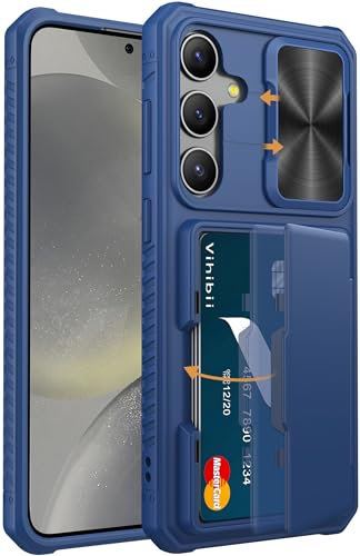 Vihibii for Samsung Galaxy S24 Plus Wallet Case with Card Holder (4 Cards) & Slide Camera Lens Protective Cover & Kickstand, Heavy Duty Shockproof Rugged Case for Galaxy S24 Plus 5G 6.7 2024, Blue