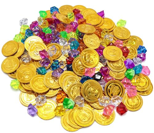 Chyuxinda Piraten Goldmünzen Schmucksteine Piratenschatz Edelsteine Geburtstag Schatzkiste für Piratenparty Mitgebsel Piraten Kostüm Party Karneval Halloween (klassisch, 100, Anzahl)