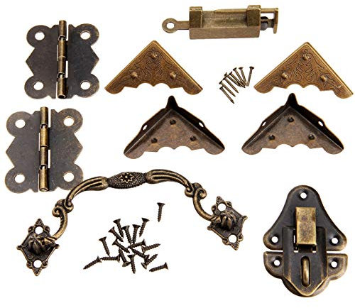 CekoCk Eckenschutz Eckenschutz aus Metall, 9-teiliges Möbelbeschläge-Set, chinesische Messingbeschläge, antike Holzkistenriegel, Haspe und Ziehgriff, Scharniere, Eckenschutz und altes Schloss