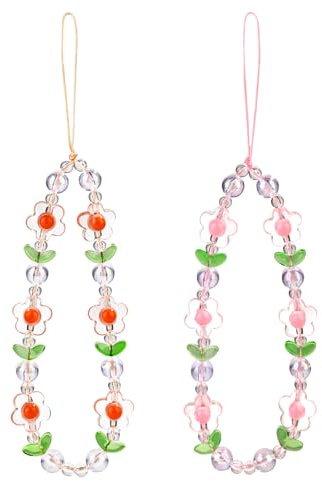 NQEUEPN 2pcs Floral Phone Charm, Cute Flower Phone Chain Mobile Phone Bracelet Beaded Phone Lanyard Keychain Wrist Strap for Women Girls