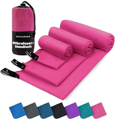 ZENACROSS - 3er Set Mikrofaser Handtücher - Sporthandtuch - XS, S, M | Schnelltrocknend · Fitness · Reisehandtuch · Sporttuch · Mit Transportbeutel · Camping · Absorbierend · Kräftiges Rosa