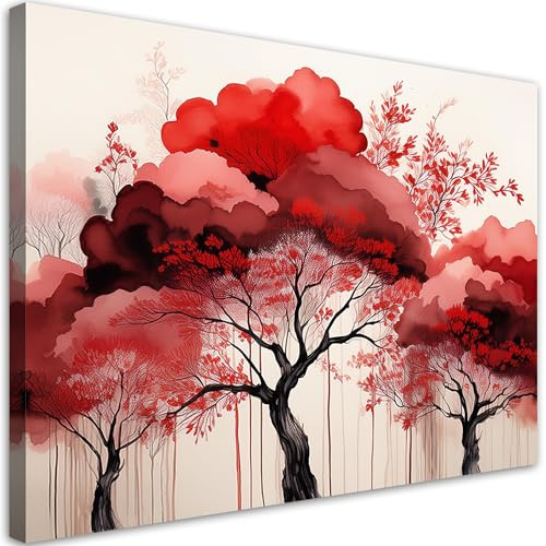 Feeby Leinwand Bilder - Rote Landschaft Wald Bäume - Vlies 60x40 cm - Deko Wohnzimmer - Wandbilder Schlafzimmer - Deko Aesthetic - Wand Deko - Leinwand Groß - Deko Zimmer - Leinwandbilder XXL