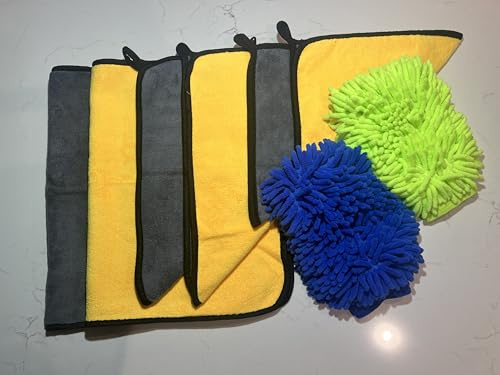 Microfiber Cleaning Cloths & Mitts Set (8-Piece) - 6 Cloths (2x 30/40/60cm) + 1 Pair Wash Mitts - Multi-Surface Cleaning Kit for Car, Home - Lint-Free, Ultra-Absorbent, Streak-Free Cleaning